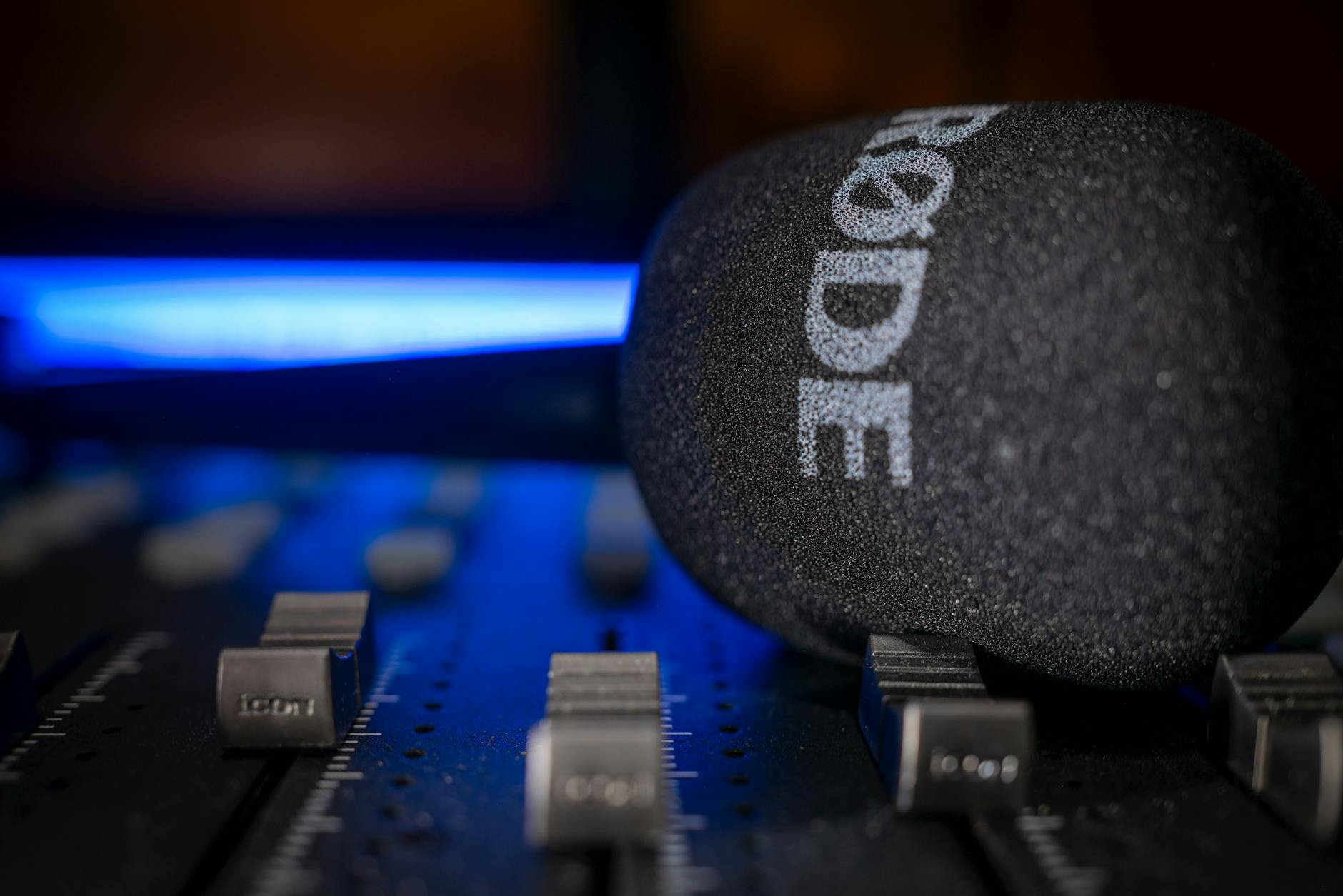 Microphone on a mixing board in a recording studio
