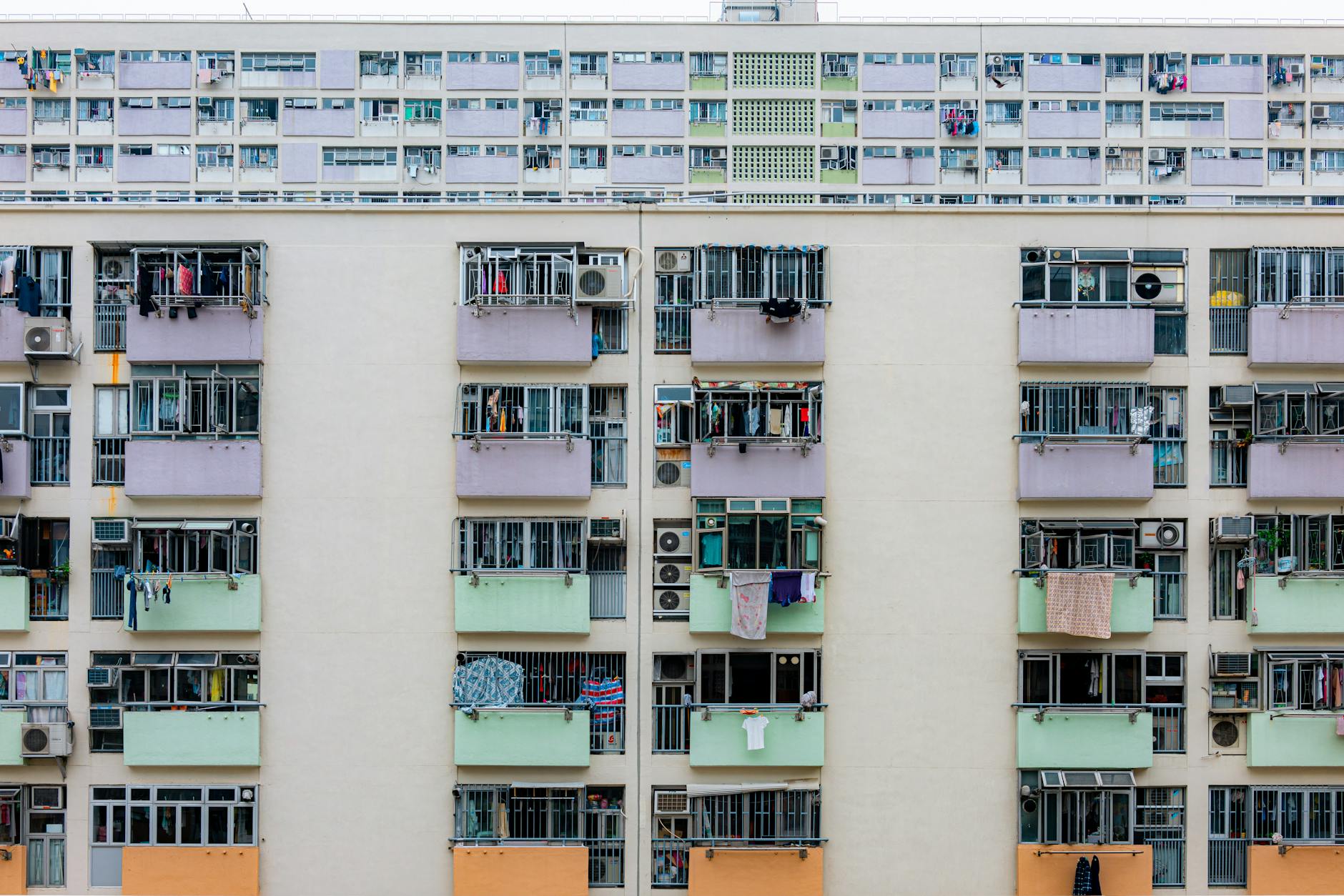 Colorful urban apartment building with balconies in Detroit