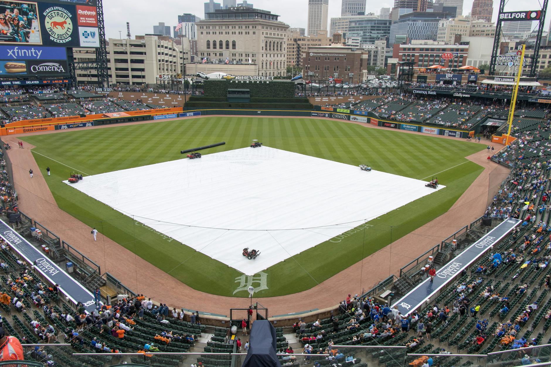 Aerial view of Comerica Park in Detroit with covered baseball field