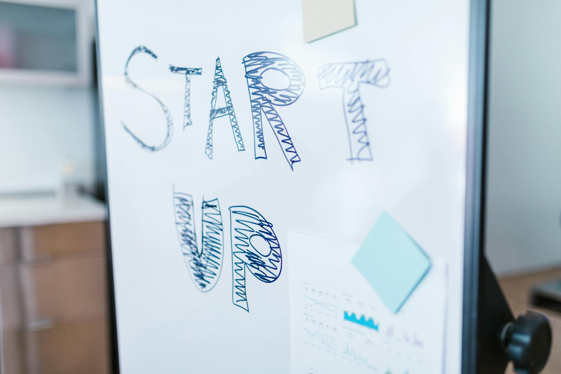Startup planning whiteboard with business strategy notes