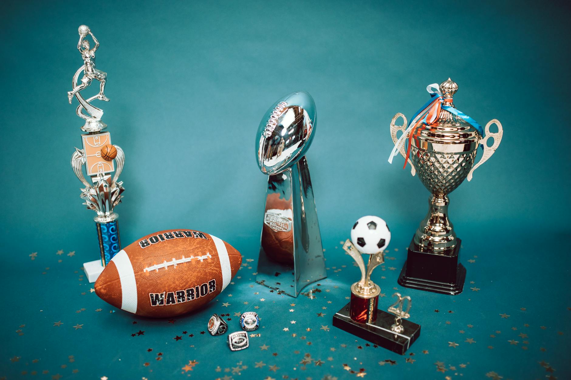 Sports trophies representing March Madness tournament competition